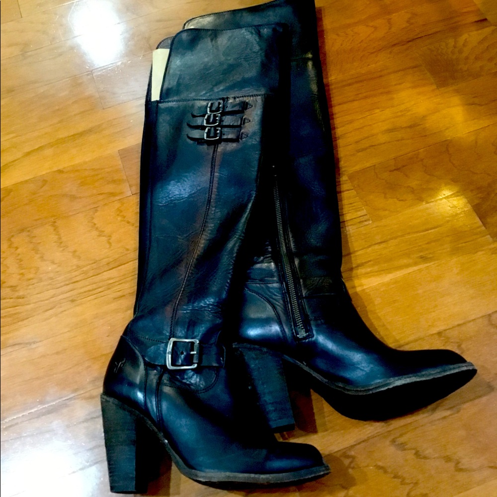 Frye black Jenny belted over the knee boots
